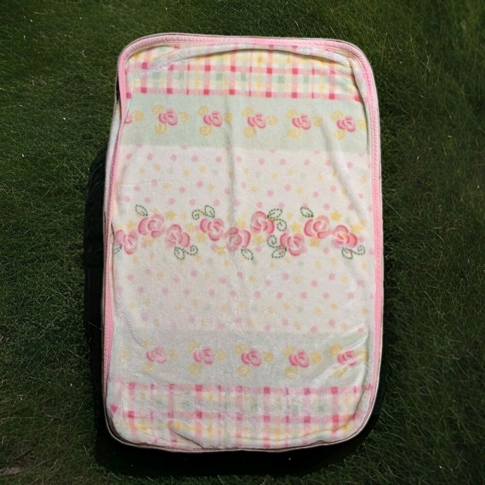 Mary Engelbreit Flowers Floral Plaid Plush Baby Blanket Pink Green Yellow Soft